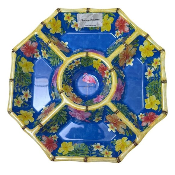 TOMMY BAHAMA Melamine Large Serving Tray Chip and Dip Tropical Hibiscus Flamingo - Picture 2 of 8